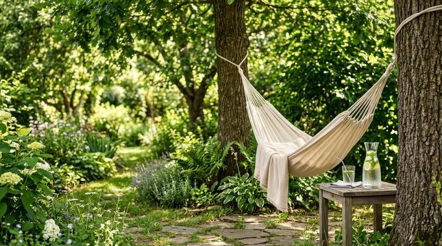 Calm Sensory Wellness and Summer Recovery, A serene garden hammock between trees with a refreshing drink on a table, perfect for relaxation.