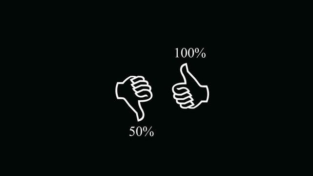 White outline of a thumbs down with fifty percent and a thumbs up with one hundred percent on a solid black background for user feedback