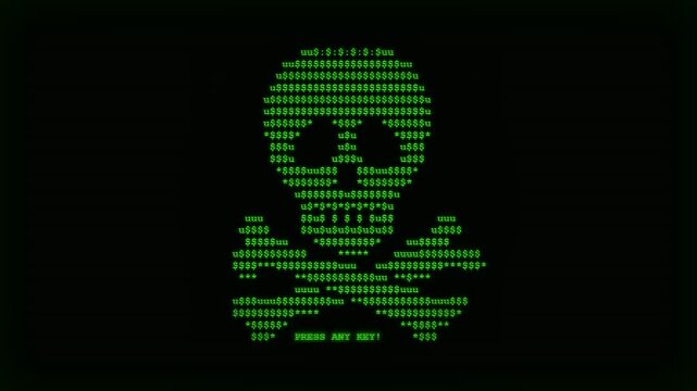 A green glowing skull symbol composed of digital binary code characters glows intensely within the darkness to warn users about dangerous malware threats and severe system vulnerabilities