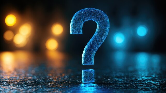 A glowing, crystalline question mark floats above a wet, reflective surface