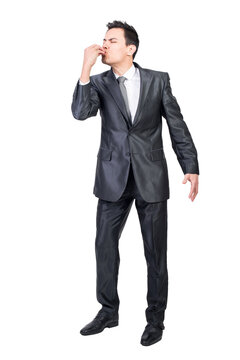 Male manager delighting delicious food taste, transparent background