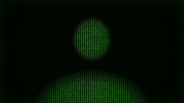 A digital persona icon glows in neon green phosphorescence against a dark screen display as software encryption patterns emerge through the form of a human silhouette within this computing