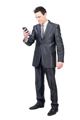 Content man in suit browsing smartphone, transparent background