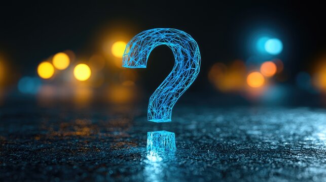 Glowing blue geometric question mark with bokeh lights on wet surface