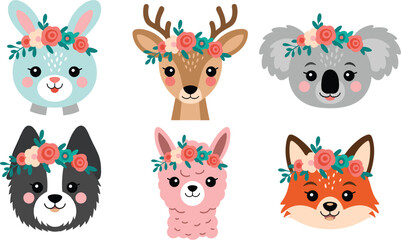 Naklejka premium Set of cute cartoon woodland animal vector illustration featuring cute faces wearing floral crowns