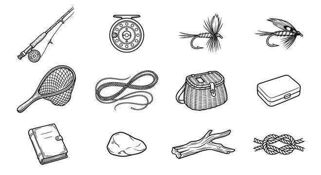 Collection of hand-drawn fishing equipment and accessories for fly fishing.