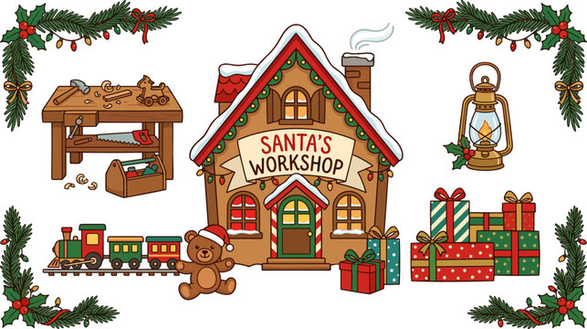 Santas workshop illustration with toys, gifts, and christmas decorations