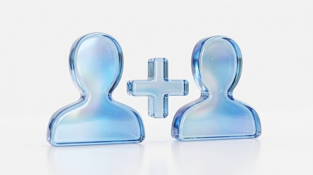 Transparent glass user icons, two blue translucent human profile symbols with a plus sign, 3D rendered social network connection concept, adding new members or friends