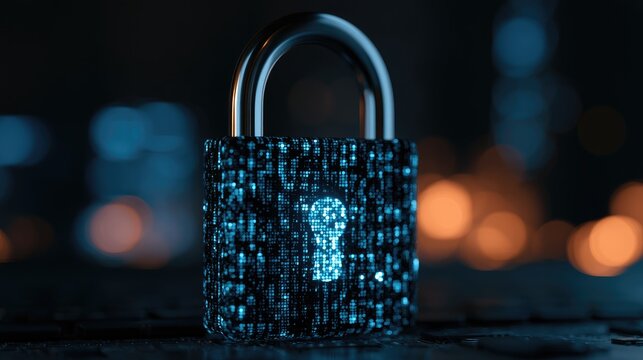 A digital padlock with binary code, against a bokeh background