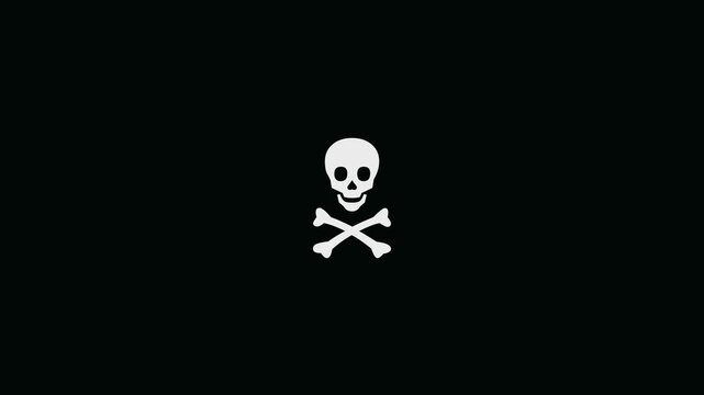 Simple off white skull and crossbones centered on a solid black background representing a classic pirate flag symbol or a hazard warning sign