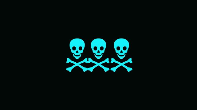 Cyan blue skull and crossbones centered on a solid black background representing a digital hazard warning or a stylized gaming symbol