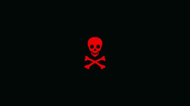 Bright red skull and crossbones centered on a solid black background representing a hazard warning or a digital alert symbol for danger
