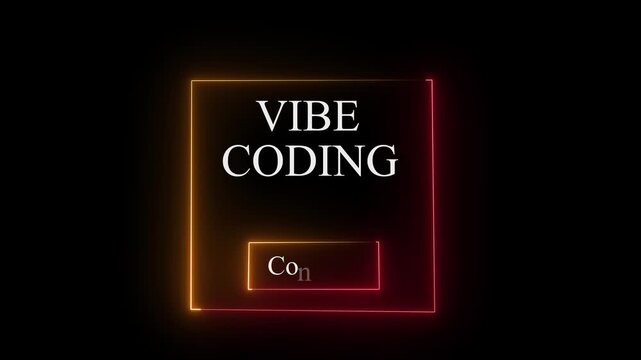 Neon glowing gradient square frame surrounding the text vibe code with a smaller rectangular box at the bottom on a solid black background