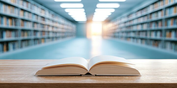 Open book on a wooden table in a library with endless shelves bathed in light