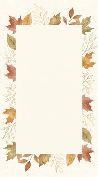 Vertical template of a cream paper card decorated with watercolor autumn leaf border for copy space.