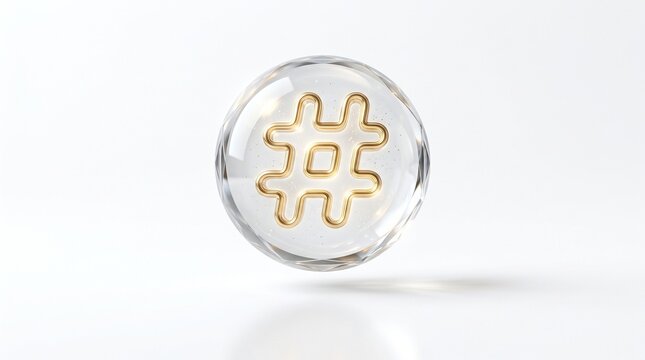 Golden hashtag symbol in a clear glass sphere, a transparent 3D social media icon, modern digital communication concept, trending online content, viral marketing element