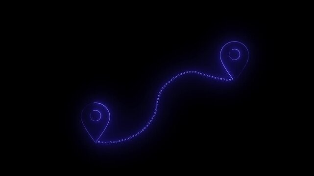 Two glowing blue neon map location pins connected by a dotted path line on a solid black background representing travel routes or navigation directions