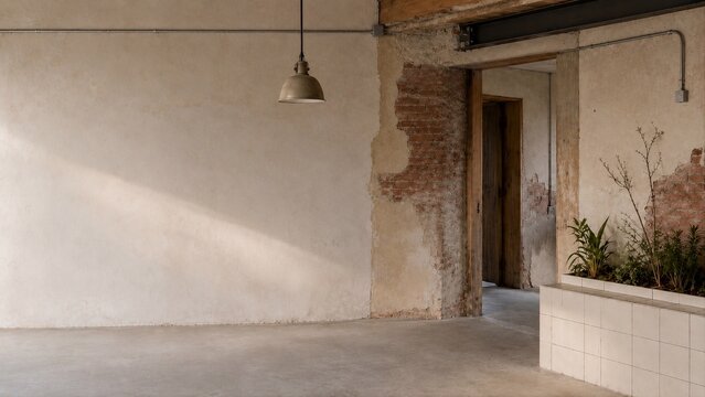 Conceptual Rustic Industrial Interior with Exposed Brick Wall and Pendant Lamp