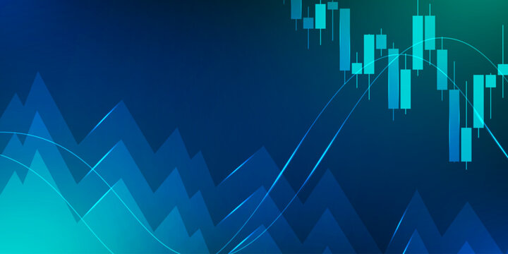 Abstract financial stock market with candlestick chart lines on blue and green gradient background. Design for for financial banners economic growth infographics business analytics.