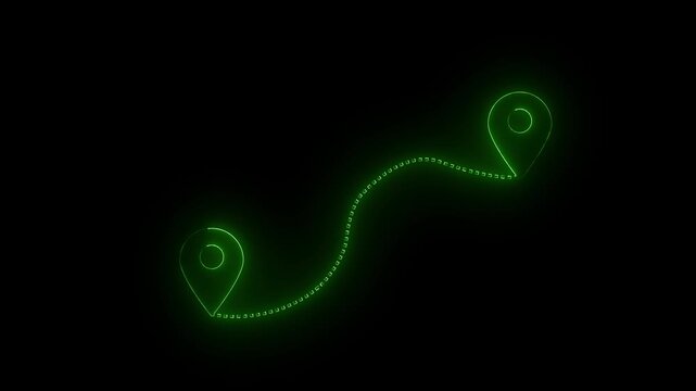 Glowing neon green map location pins connected by a dotted path line on a solid black background representing navigation or travel route concepts