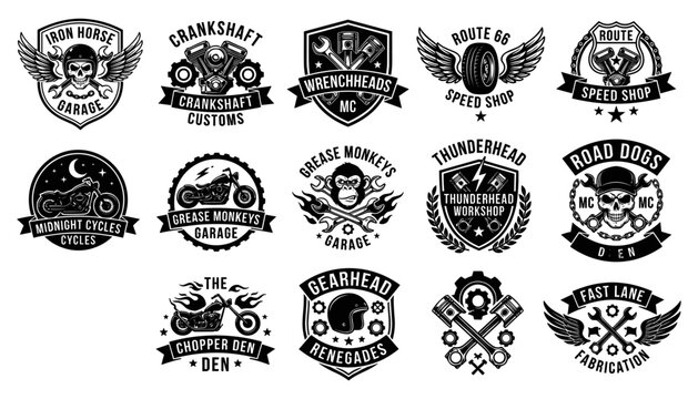 Motorcycle Club and Motorcycle Shop Logos and Badges in Black and White Vector Design Featuring Logo, Badge, Emblem with Custom