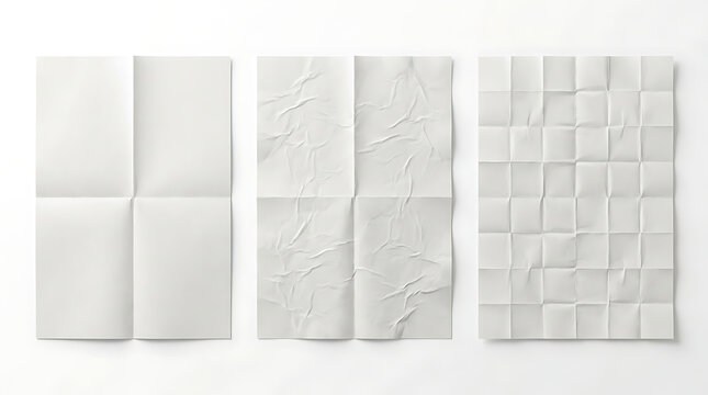 Three white paper sheets with different folding patterns