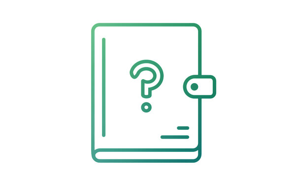 Guidebook with question mark in green gradient outline icon.