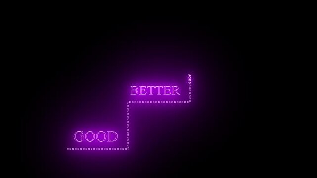 Purple neon light text showing the words good and better arranged in a step pattern against a dark black background for business growth concepts