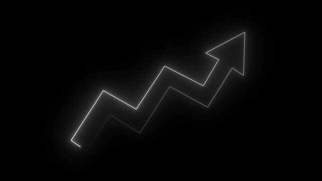 White glowing neon arrow pointing upward in a zigzag line shape against a dark black background representing financial growth and market trends