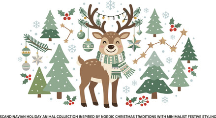 Naklejka premium Cute reindeer with scarf and christmas decorations in scandinavian style, vector illustration