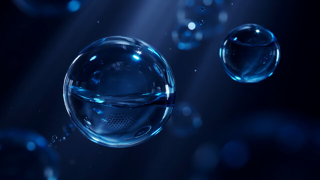 Abstract 3d render of floating blue water bubbles