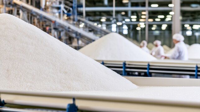 Large piles of sugar dominate the clean factory floor