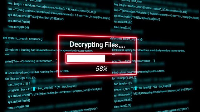  Cyber Security Hacker Terminal with decrypting files Alert and Matrix Code Background Motion Graphics