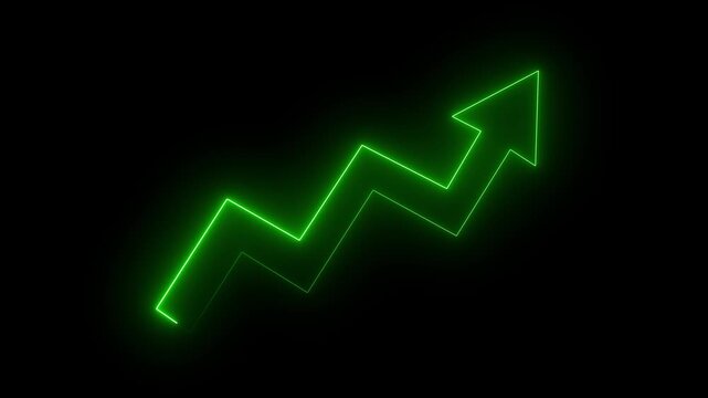 Green glowing neon arrow pointing upward in a zigzag line shape against a dark black background representing financial growth and market trends
