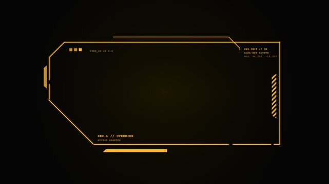 A glowing orange electronic display frame presents technological data readouts with numeric indicators for advanced software interfaces intended to visualize complex mission parameters in real