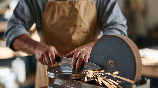 Knife sharpener running a blade along a rotating whetstone wheel under warm indoor amber workshop lighting, sparks arcing across rough hands in sharp process in action framing, the intense focused p