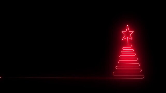 Minimalist red neon glowing line christmas tree with a star on isolated against a solid black background for holiday season