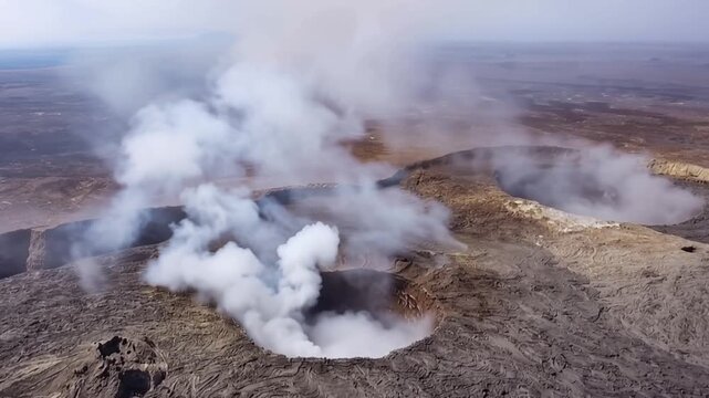 Erta Ale volcano, View of the glowing lava lake inside the crater, with molten rock patterns and dark volcanic rock walls in Zone 2, Afar, Ethiopia.