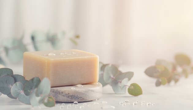 Luxurious Handcrafted Natural Soap Bar Resting on a Textured Base Surrounded by Delicate Eucalyptus Sprigs and Water Droplets Evoking Serene Spa and Organic Skincare Bliss