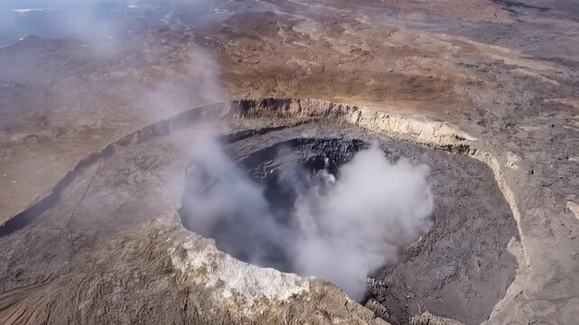 Erta Ale volcano, View of the glowing lava lake inside the crater, with molten rock patterns and dark volcanic rock walls in Zone 2, Afar, Ethiopia.