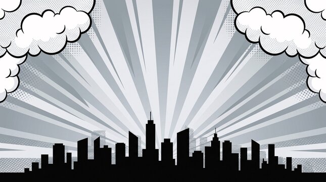 Black city silhouette against gray vintage radial rays creating a clean and professional urban background for branding, presentations, posters, and editorial graphics.