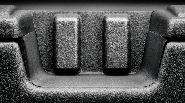 Closeup view of textured black plastic with raised rectangular elements.