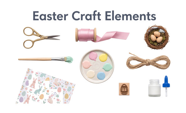 Easter craft elements set with scissors ribbon paintbrush and craft paper design elements isolated on transparent background