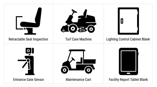 Facility maintenance equipment icons for seat, turf, lighting, entrance, cart, tablet