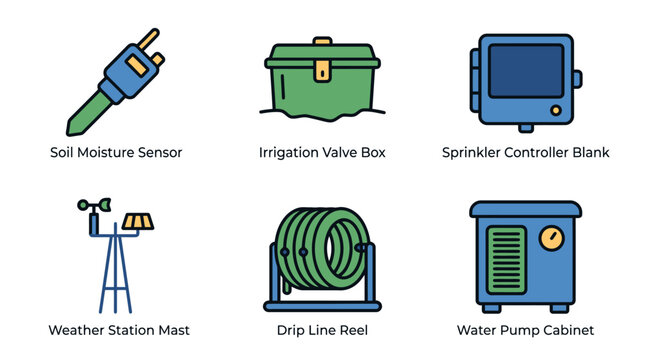 Garden equipment icons: sensor, valve box, controller, weather mast, drip reel, water pump