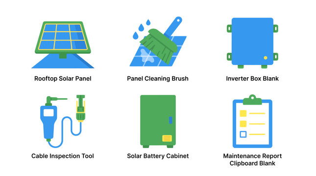 Solar maintenance equipment icons: panel, brush, inverter, tool, battery, clipboard