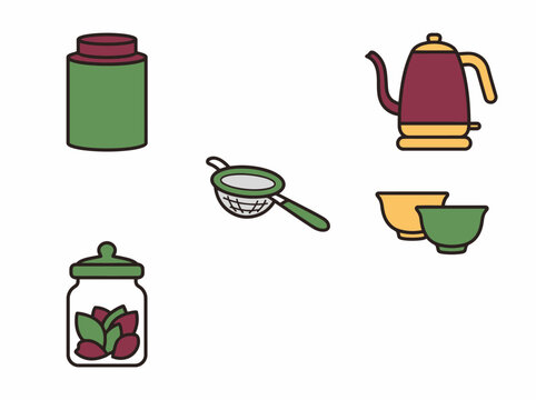 Flat design tea set with kettle, strainer, and storage jars