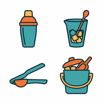 Colorful cocktail icons: shaker, ice cubes, citrus squeezer, bucket
