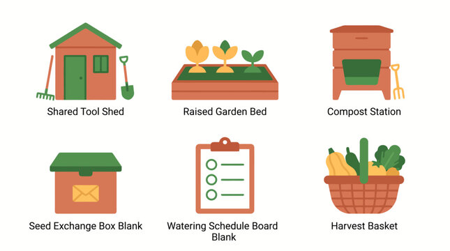 Community garden icons: tool shed, raised bed, compost, seed box, schedule board, harvest basket