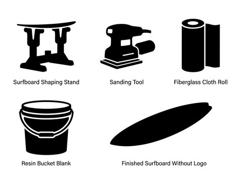 Surfboard crafting tools: shaping stand, sander, fiberglass roll, resin bucket, finished surfboard